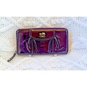 Coach Madison Burgundy Purple Patent Leather Large Accordion Zip Wallet